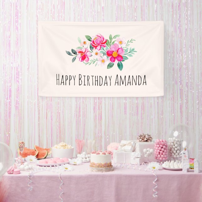 Playful Pretty Pink Flower Bouquet Birthday Banner (Party)