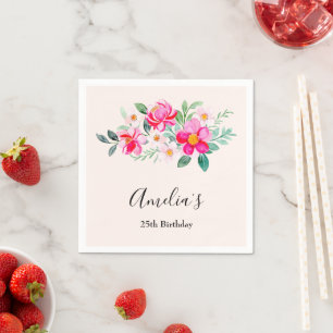 Playful Pretty Pink Flower Bouquet Birthday Napkin