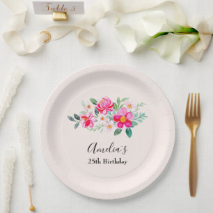 Playful Pretty Pink Flower Bouquet Birthday Paper Plate