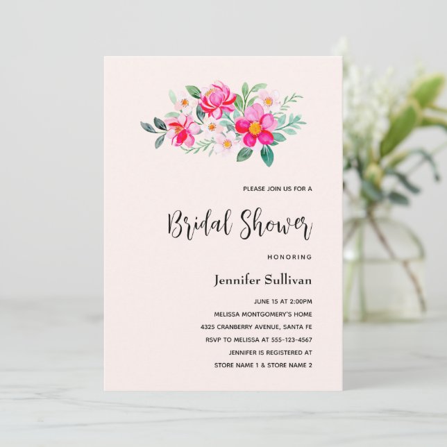 Playful Pretty Pink Flower Bouquet Bridal Shower Invitation (Standing Front)