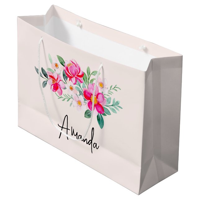 Playful Pretty Pink Flower Bouquet Large Gift Bag (Front Angled)