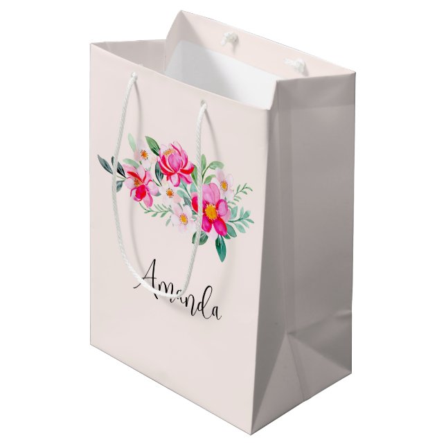 Playful Pretty Pink Flower Bouquet Medium Gift Bag (Front Angled)