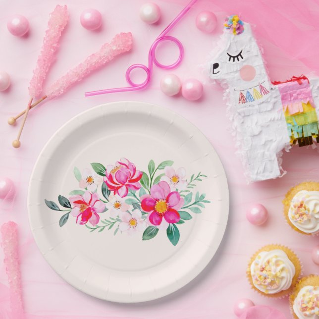 Playful Pretty Pink Flower Bouquet Paper Plate (Party)