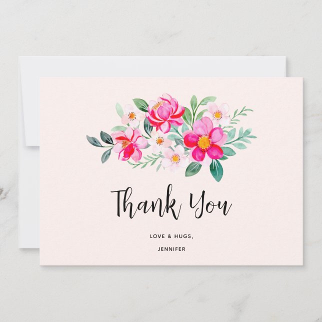 Playful Pretty Pink Flower Bouquet Thank You Card (Front)