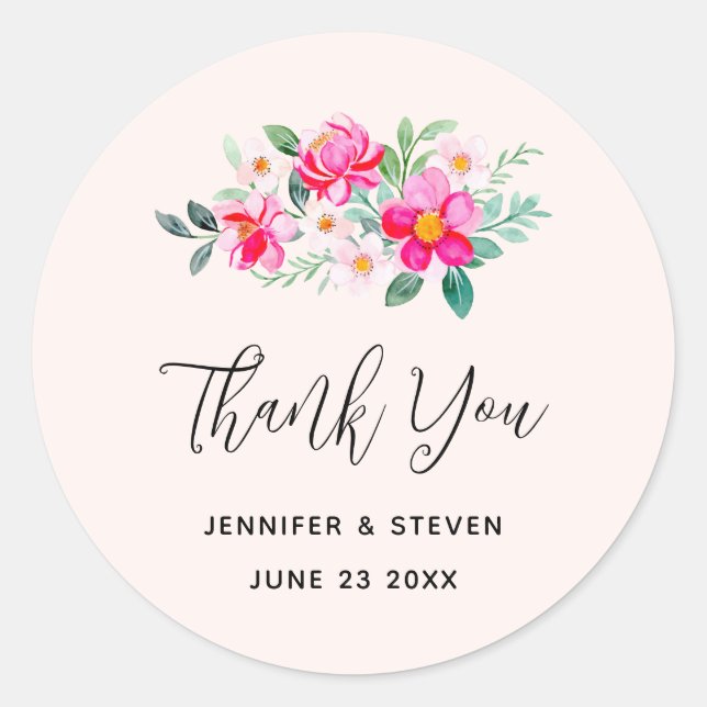 Playful Pretty Pink Flower Bouquet Thank You Classic Round Sticker (Front)