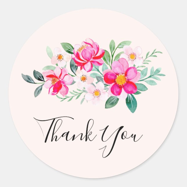 Playful Pretty Pink Flower Bouquet Thank You Classic Round Sticker (Front)