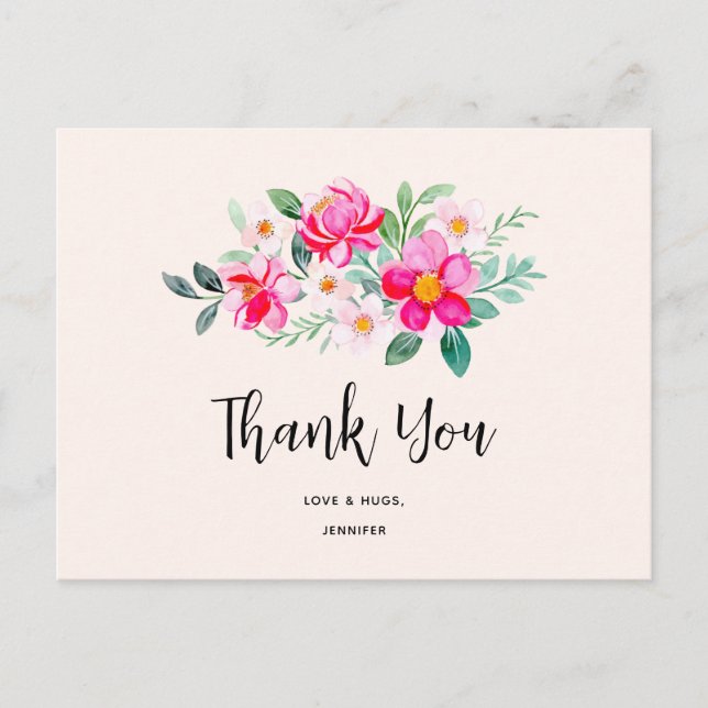 Playful Pretty Pink Flower Bouquet Thank You Postcard (Front)