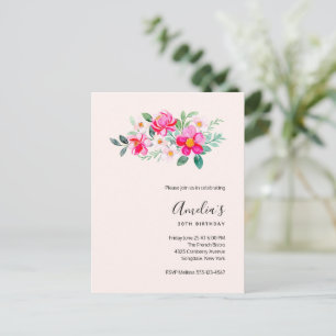 Playful Pretty Pink Flowers Birthday Invitation Postcard