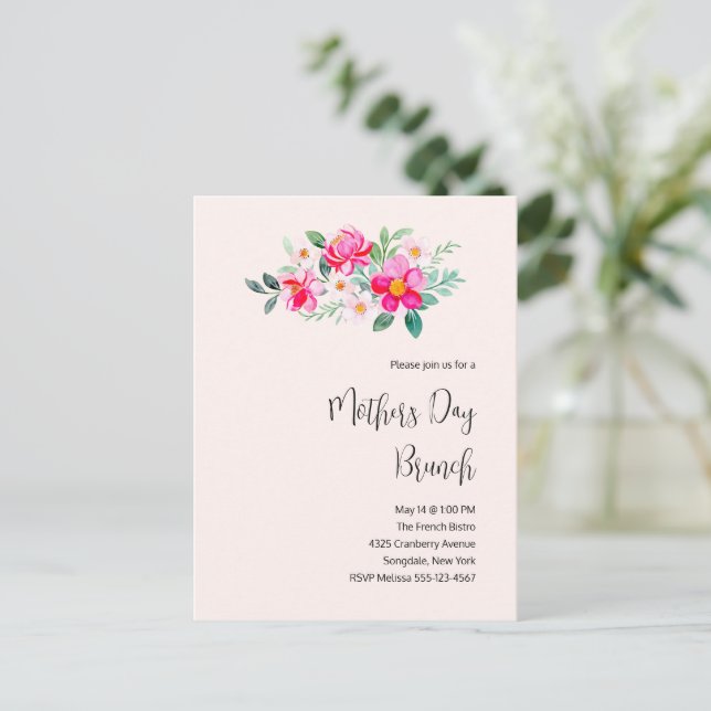  Playful Pretty Pink Flowers Mother's Day Brunch Invitation Postcard (Standing Front)