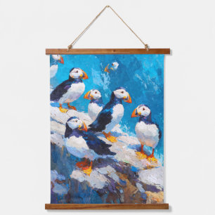 Playful Puffins Blue Ocean Cliff Art Hanging Tapestry