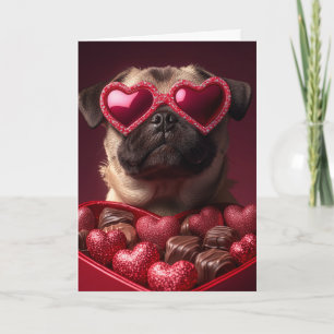 Playful Pug in Heart-Shaped Box Valentine Card