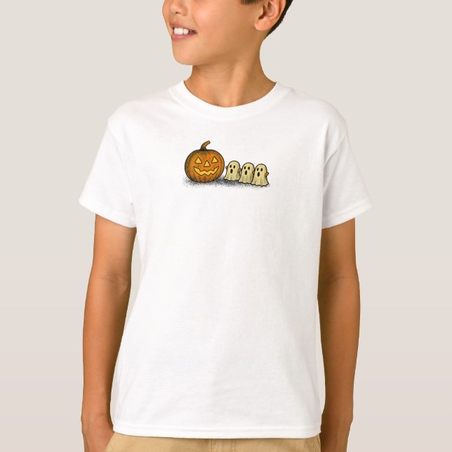 Playful Pumpkin with Three Spooky Ghosts T-Shirt (Front)