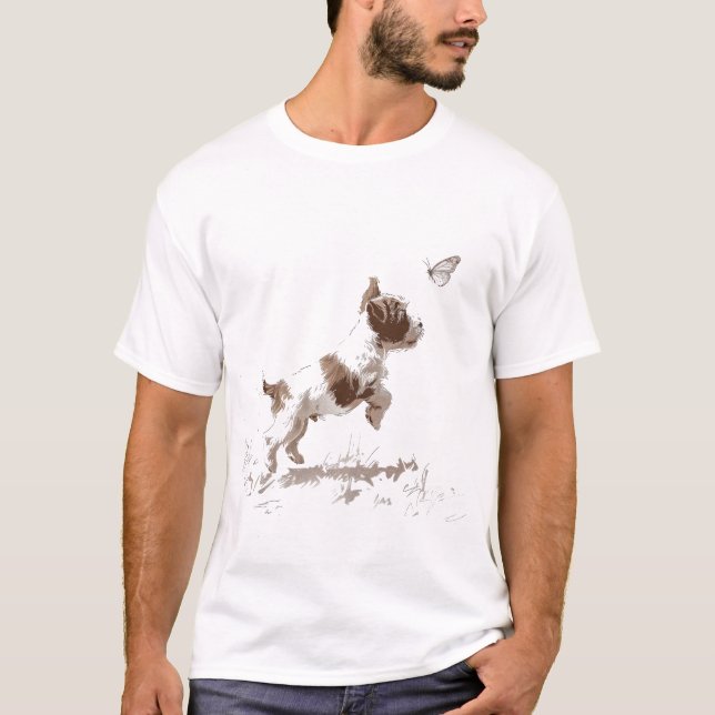 Playful Puppy Chasing a Butterfly – Minimalist T-Shirt (Front)
