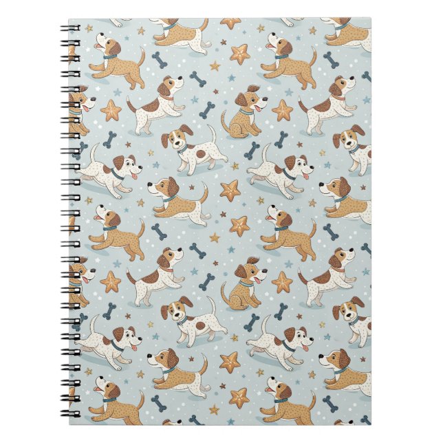 Playful Puppy Chasing Stars - Kids Cartoon Pattern Notebook (Front)