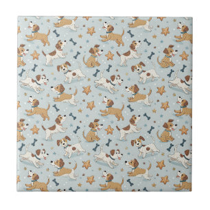 Playful Puppy Chasing Stars - Kids Cartoon Pattern Tile