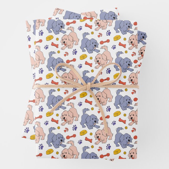 Playful Puppy & Paw Pattern Wrapping Paper Sheet (In situ)