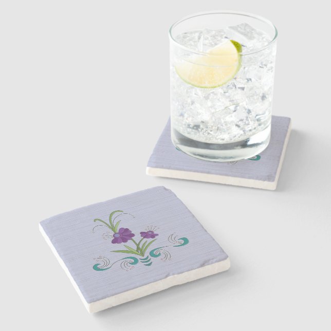 Playful Purple Flower w/Tumbling Teal Swirls Marbl Stone Coaster (Side)