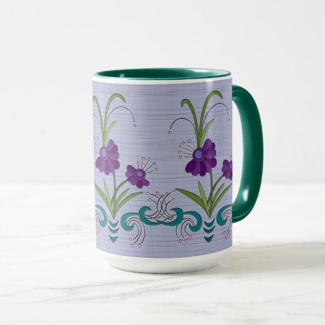 Playful Purple Flower w/Tumbling Teal Swirls Mug (Front Right)