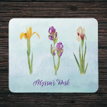 Playful Purple Personalised Irises with Name Mouse Mat<br><div class="desc">If you like irises in the spring or lovely vintage botanical prints, you might enjoy this pretty mousepad. Liven up your desk with three irises in various shades, with your name written in a whimsical script at the bottom. Make sure to type your name, your recipient's name, or other message....</div>