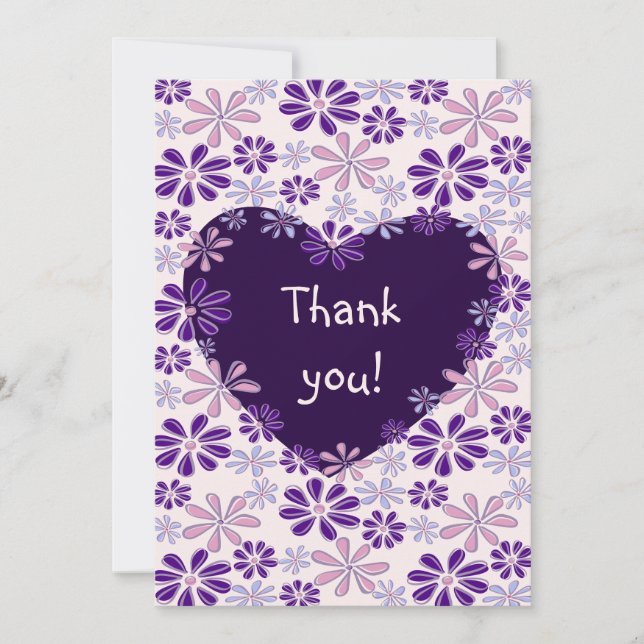 Playful Purple Pink Flower Heart  Thank You Card (Front)