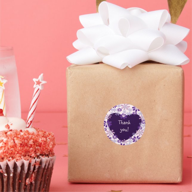 Playful Purple Pink Flower Heart Thank You Classic Round Sticker (Party)