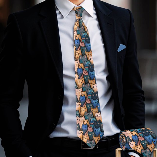 Playful Purr-fect Cats Tie - Blue, Orange Neck Tie (Playful Purr-fect Cats Tie - Blue, Orange Neck Tie)