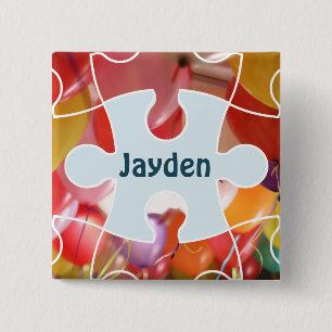 Playful Puzzle Balloon Birthday Party Name 15 Cm Square Badge