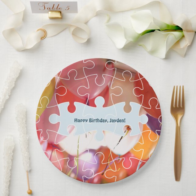 Playful Puzzle Balloon Birthday Party Paper Plates (Wedding)
