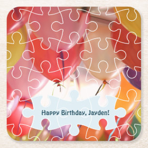 Playful Puzzzle Balloon 4th Birthday Party Square  Paper Coaster