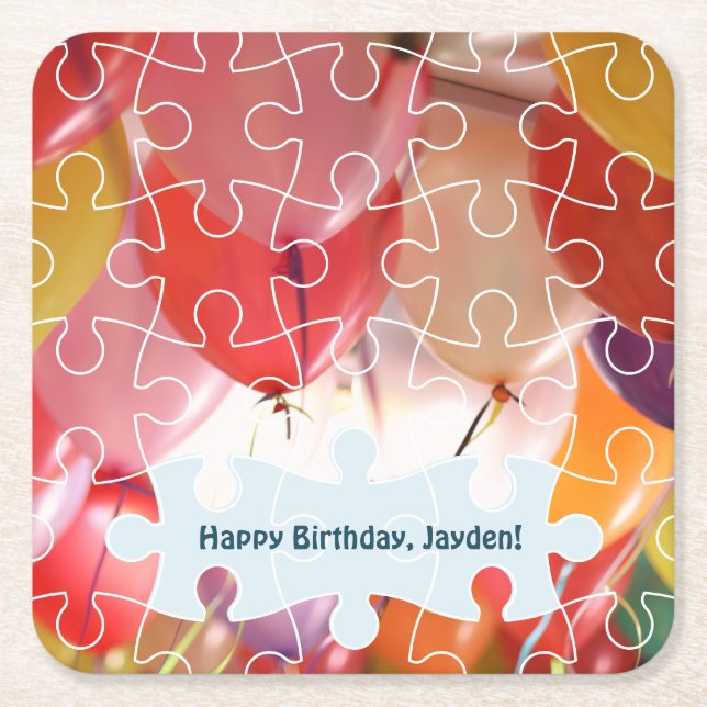 Playful Puzzzle Balloon 4th Birthday Party Square  Paper Coaster (Front)