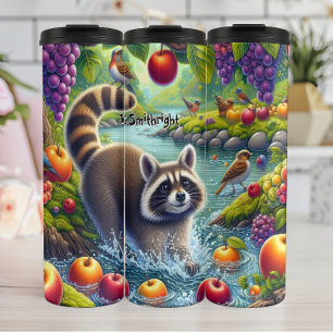 Playful Racoon in Fruit River Thermal Tumbler