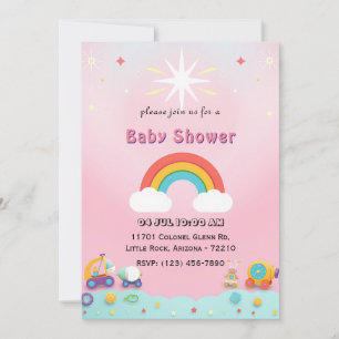 Playful Rainbow Baby Shower Card with Cute Toys