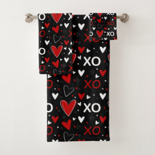 Playful Red, Black & White XO Heart Pattern Bath Towel Set