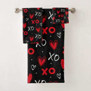 Playful Red & Black XO Heart Pattern on Black Bath Towel Set