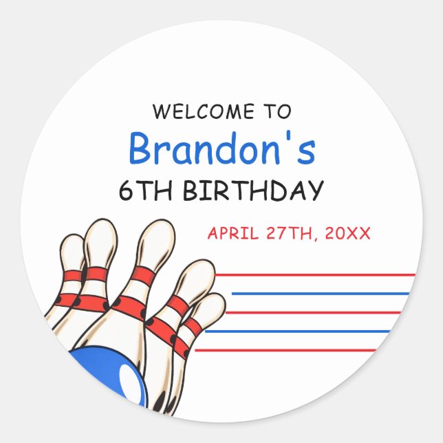 Playful Red & Blue Bowling Themed 6th Birthday Classic Round Sticker (Front)