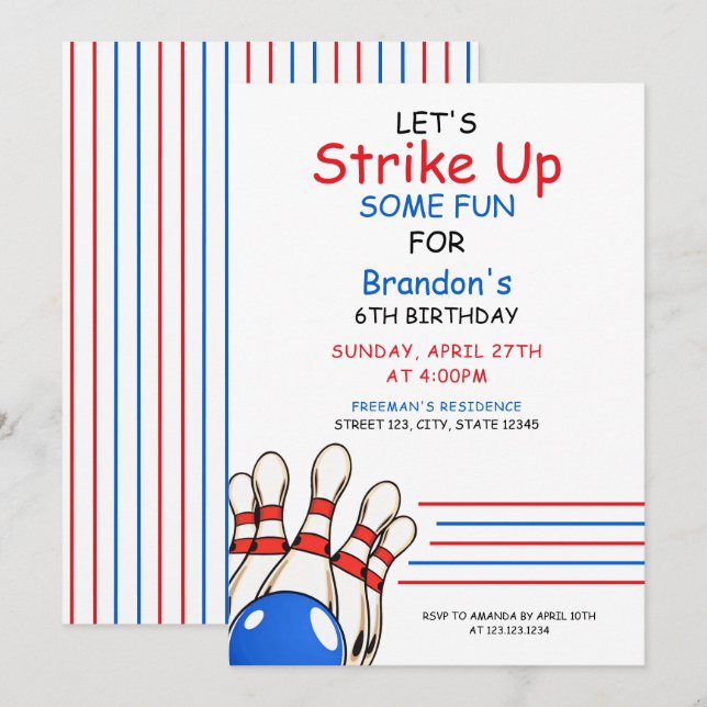 Playful Red & Blue Bowling Themed 6th Birthday Invitation (Front/Back)