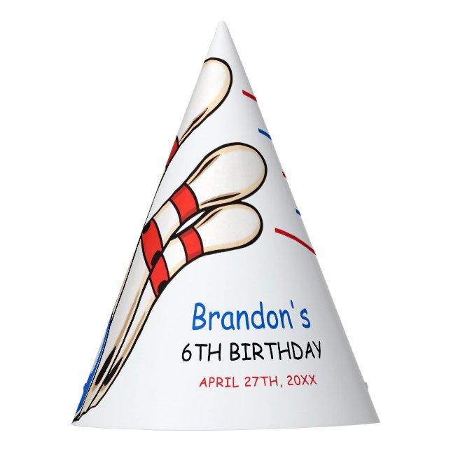 Playful Red & Blue Bowling Themed 6th Birthday Party Hat (Front)