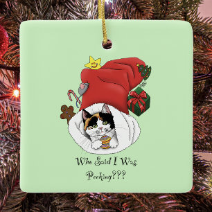 Playful Red Christmas Calico Kitten Holidays Ceramic Ornament
