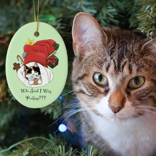 Playful Red Christmas Calico Kitten Holidays Ceramic Tree Decoration