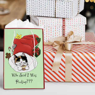 Playful Red Christmas Calico Kitten Holidays Medium Gift Bag