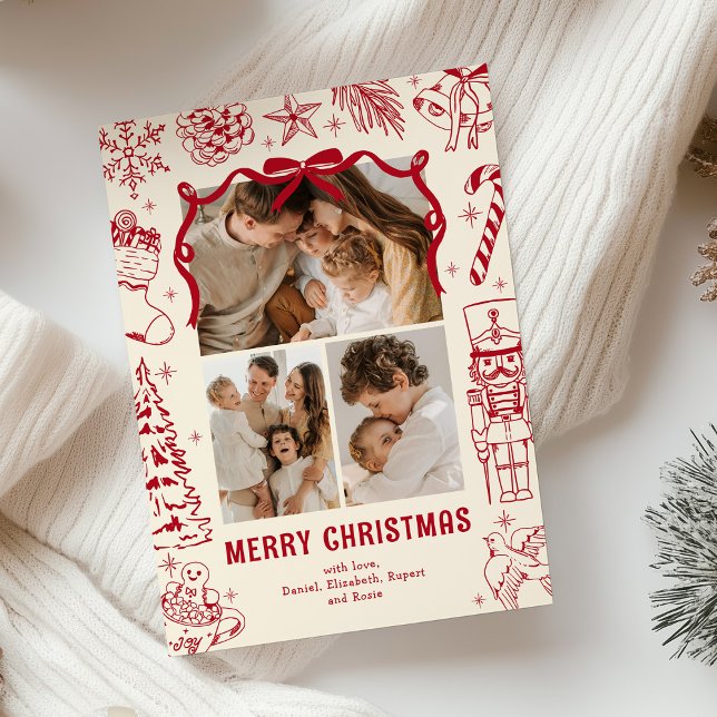 Playful Red Doodle 3 Photo Christmas Holiday Card (Creator Uploaded)