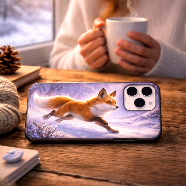 Playful Red Fox Snow Day iPhone 17 Pro Max Case -  (Cinematic flat-lay shot of an iPhone 17 Pro case with a rotated running fox design on a wooden table)