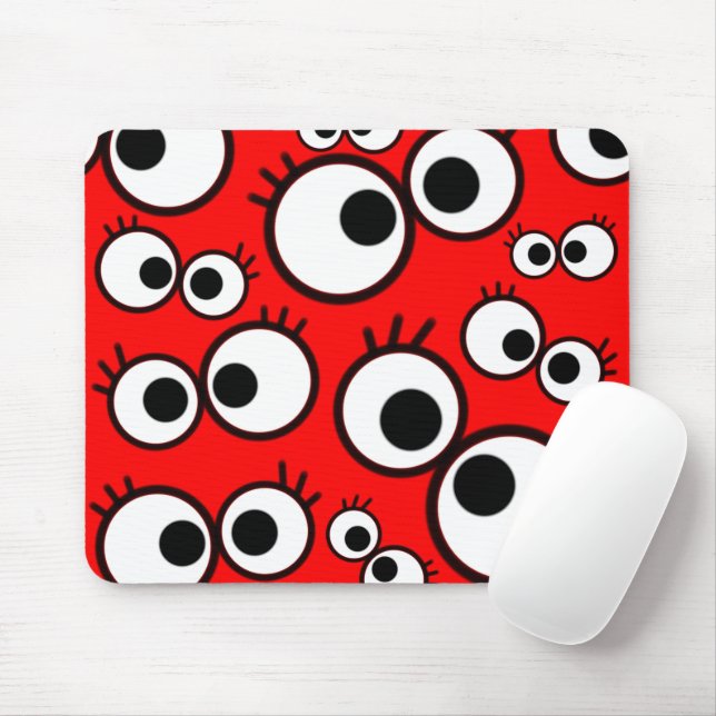 Playful Red Googly Eyes Pattern Mouse Mat (With Mouse)