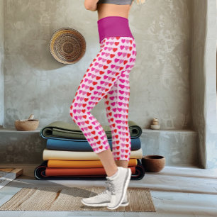Playful Red Pink Fuchsia Hearts Valentine Pattern Capri Leggings
