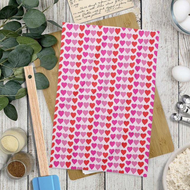 Playful Red Pink Fuchsia Hearts Valentine Pattern  Tea Towel (Creator Uploaded)