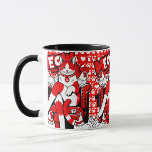 Playful Red White Winking Cat & Chickens Pattern Mug