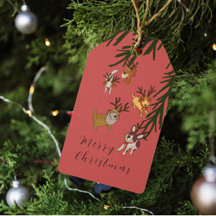 Playful Reindeer Dogs Christmas Illustration Gift Tags