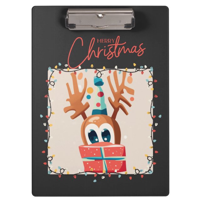Playful Reindeer with Gift  Clipboard (Front)