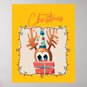Playful Reindeer with Gift Poster
