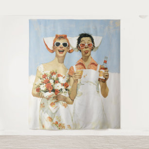 Playful Retro Bridesmaids Celebration Illustration Tapestry